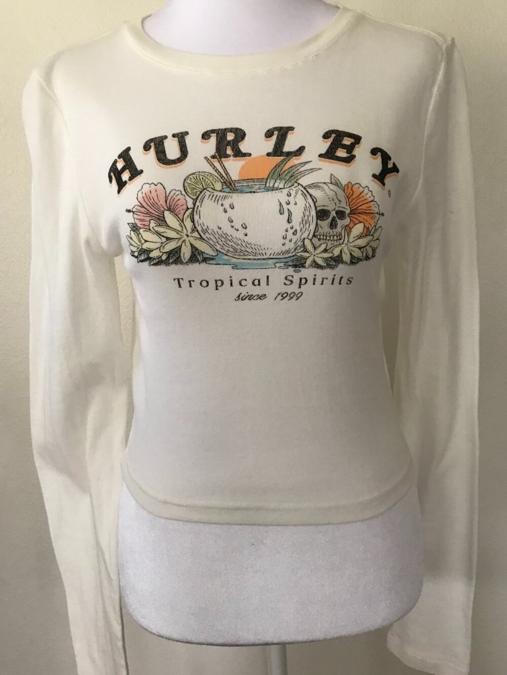 Hurley Tropical Spirits Long Sleeve Tee L Cream Graphic Cotton
